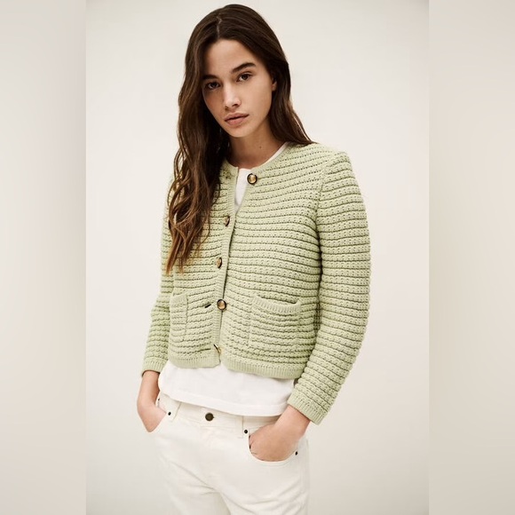 NEW Ba&sh Bash Gaspard Tweed Cardigan Jacket in Light Pastel Green | size 1 / S - Picture 2 of 13